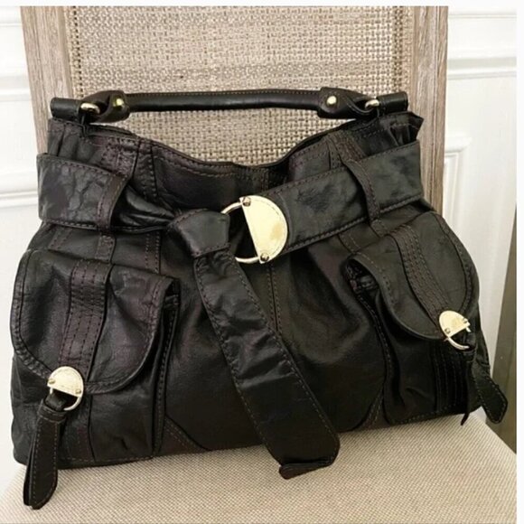 Steven by Steve Madden Black Leather Belted Bag - Picture 1 of 6